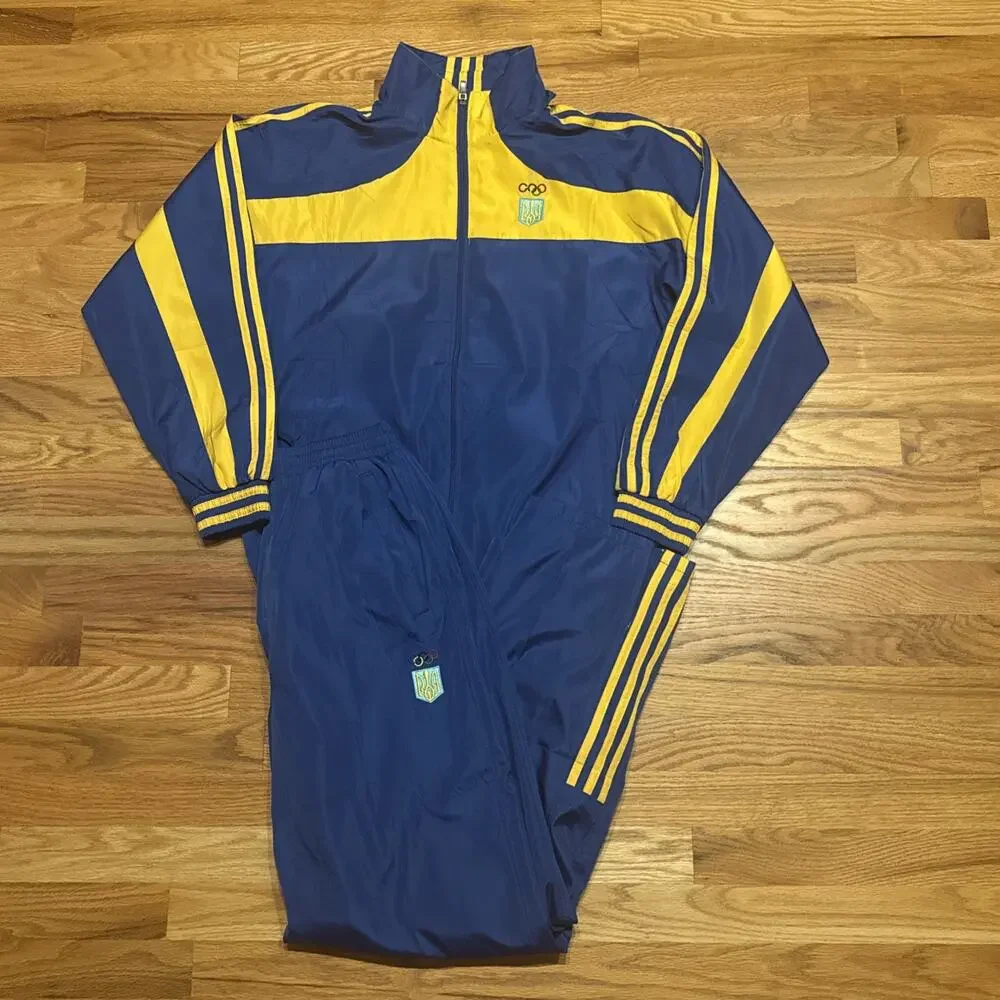 VTG Adidas Ukraine Olympics Blue Yellow Windbreaker Track Suit Size XLarge READ